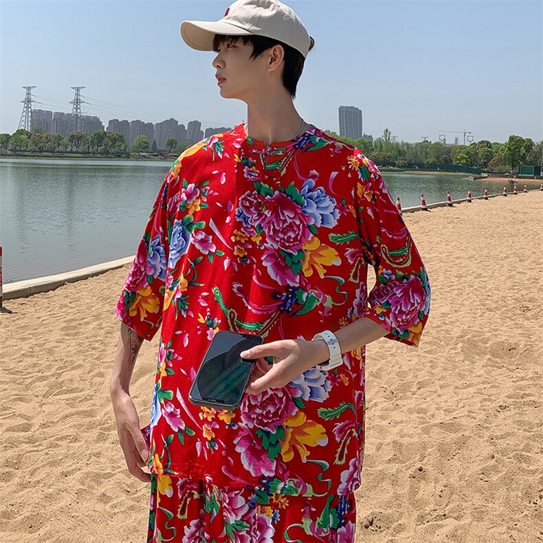 Z1休闲风男士大妈透气大花凉爽T恤七分袖衫短裤套装男女纱衣,男装休闲套装,星座115A(原星座507）