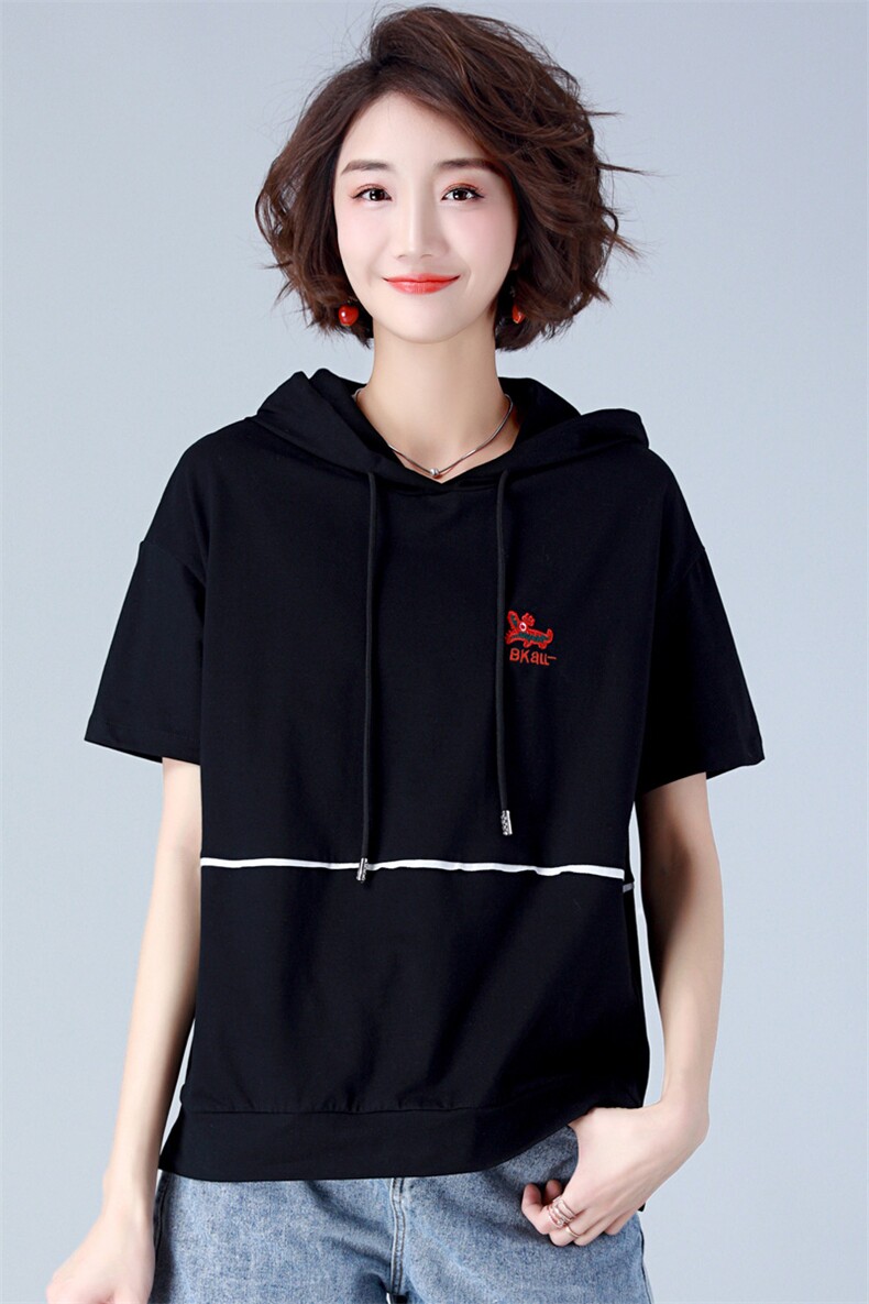 板酷2026夏装新款时尚宽松刺绣连帽短袖T恤女纯色刺绣拼接款B318,女装T恤,板酷