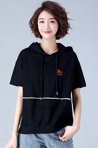 板酷2026夏装新款时尚宽松刺绣连帽短袖T恤女纯色刺绣拼接款B318图片