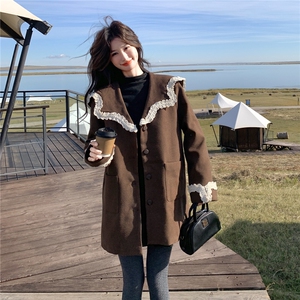 现货：新款设计感拼色花边大翻领咖色羽绒服2C135-8928P275K428图片
