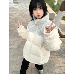 冬季新款小众设计感拼接插肩袖棉服女宽松百搭面包服加厚棉袄外套图片