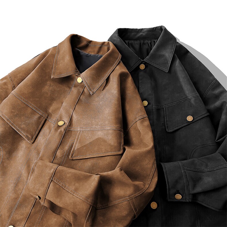 春季机车男士皮衣潮按扣夹克情侣款外套翻领青年A266-PY009-P100，男装皮衣，电商A266