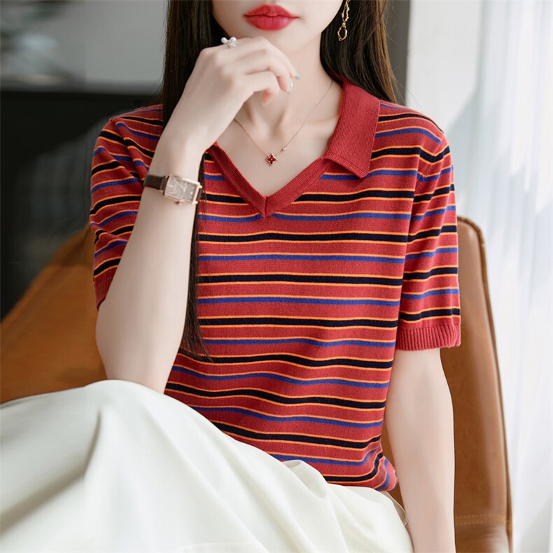复古条纹翻领纯棉针织薄款T恤女2025夏季短袖宽松打底衫Polo领t恤，女装T恤，秋双羊绒