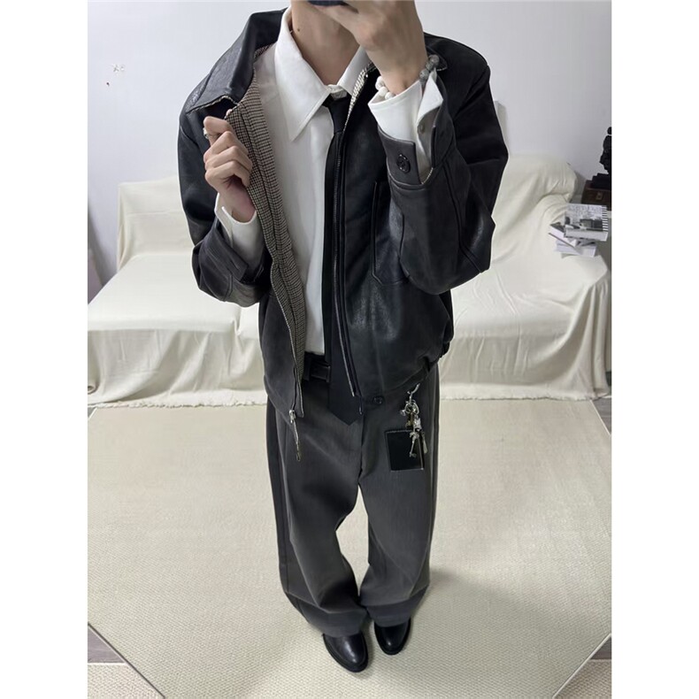 自家图~老钱风霜降PU皮千鸟格内里Cleanfit夹克W1397/特P85,男装夹克,电商B350