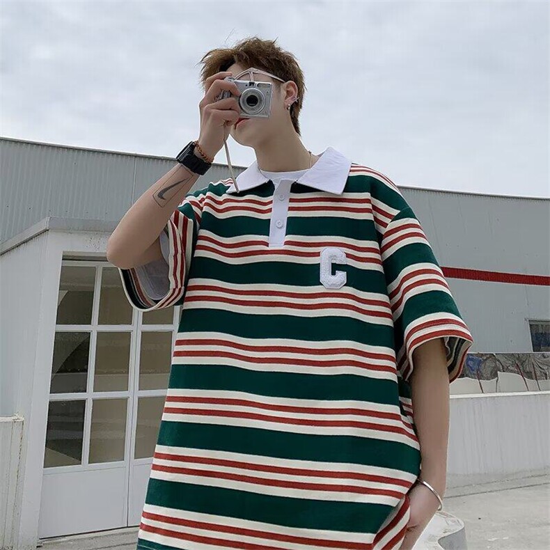 日系vintage复古polo衫条纹t恤男宽松半袖cityboy上衣WB482-P30图片