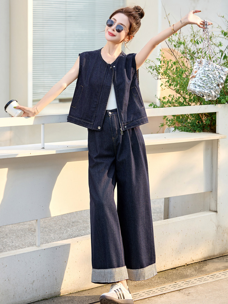 牛仔套装女2025夏新款韩系高级松弛感超火减龄休闲无袖一整套穿搭,女装套装/套裙,意芙