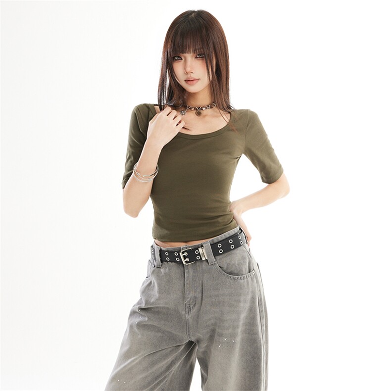 美式复古风U型领短袖上衣女2026年新款辣妹修身收腰T恤YD270-P30,男装T恤,星座509
