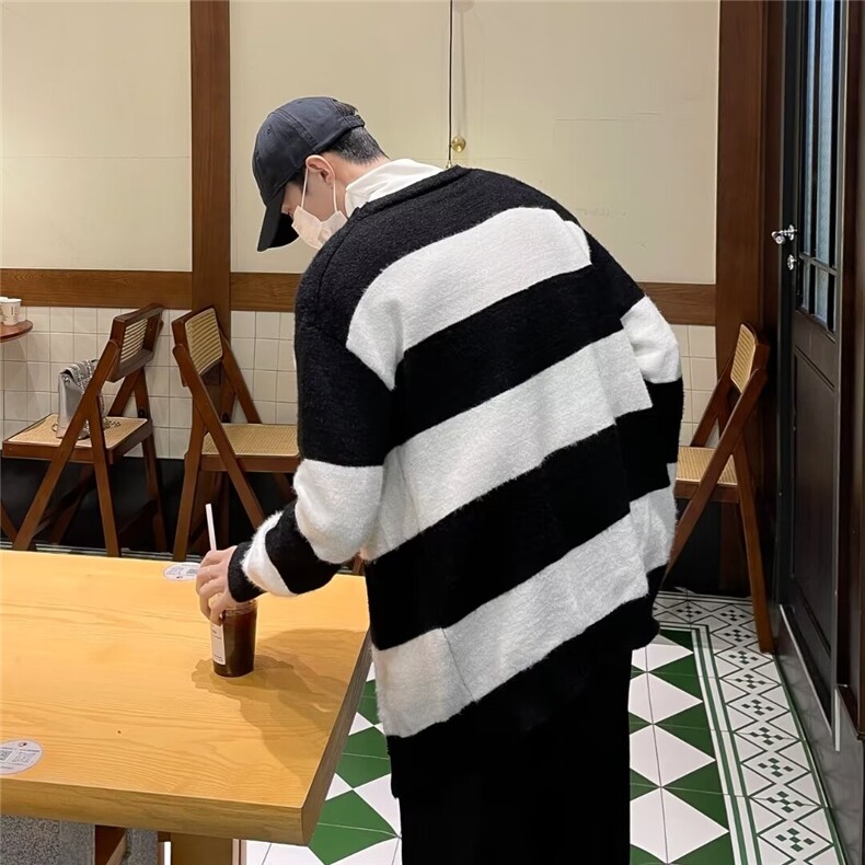 秋冬季软糯厚实毛衣男开衫日系宽松条纹毛衫针织衫外套MZ368-P59,男装针织衫/毛衣,星座412