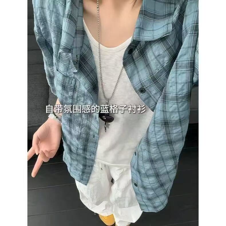 复古格子防晒短袖衬衫夏季衬衣情侣美式宽松休闲款外套CA113-P33，男装防晒衣，星座208-5