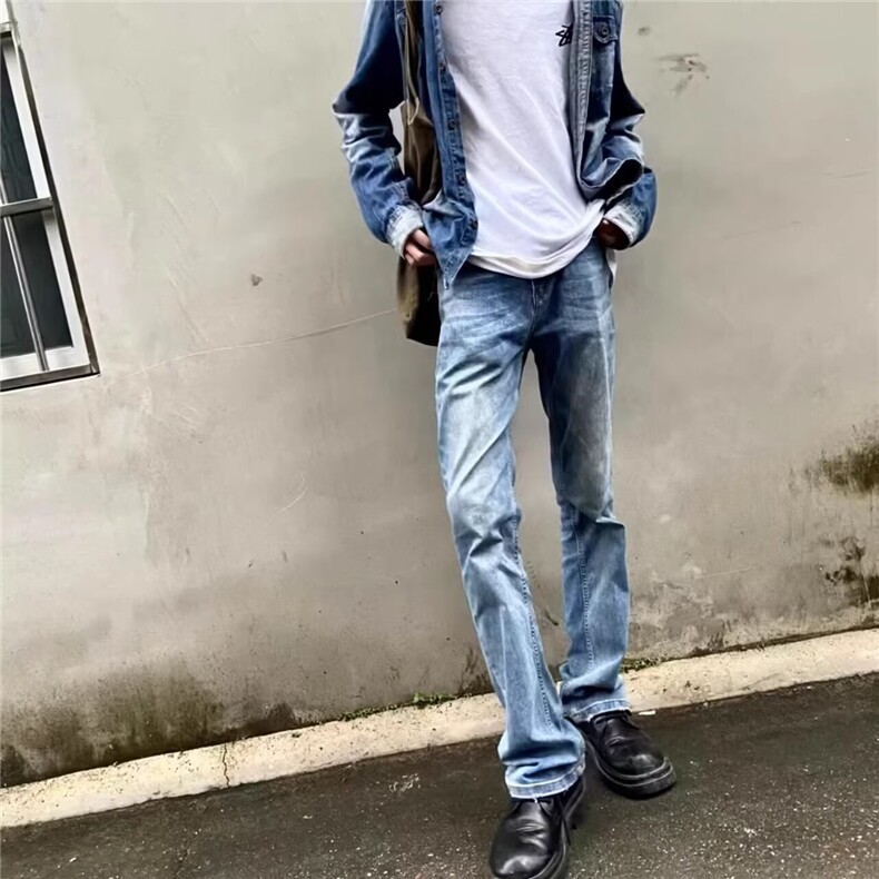 美式复古高街浅蓝色牛仔裤男春秋新款显瘦百搭cleanfit微喇叭长裤,男装牛仔裤,星座506A