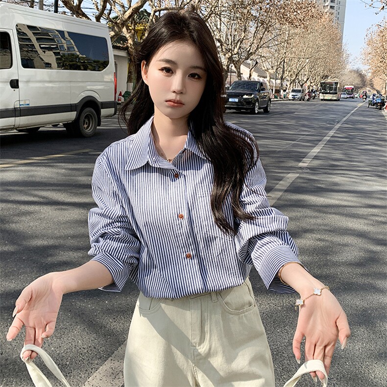 GINNKEE法式正肩蓝色条纹长袖衬衫女春法式翻领新款衬衣别致上衣，女装衬衫，慧峰