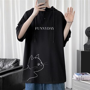 LD54149-P45 连帽短袖t恤男大码胖子带帽五分袖中袖图片