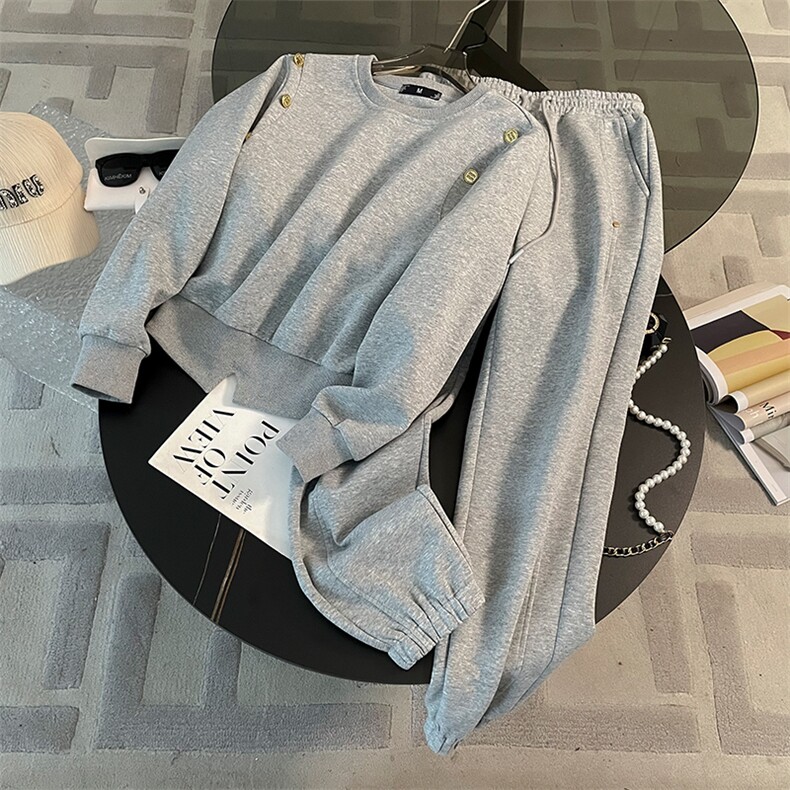 女春季新款圆领订扣设计感卫衣束脚裤两件套,女装套装/套裙,江南