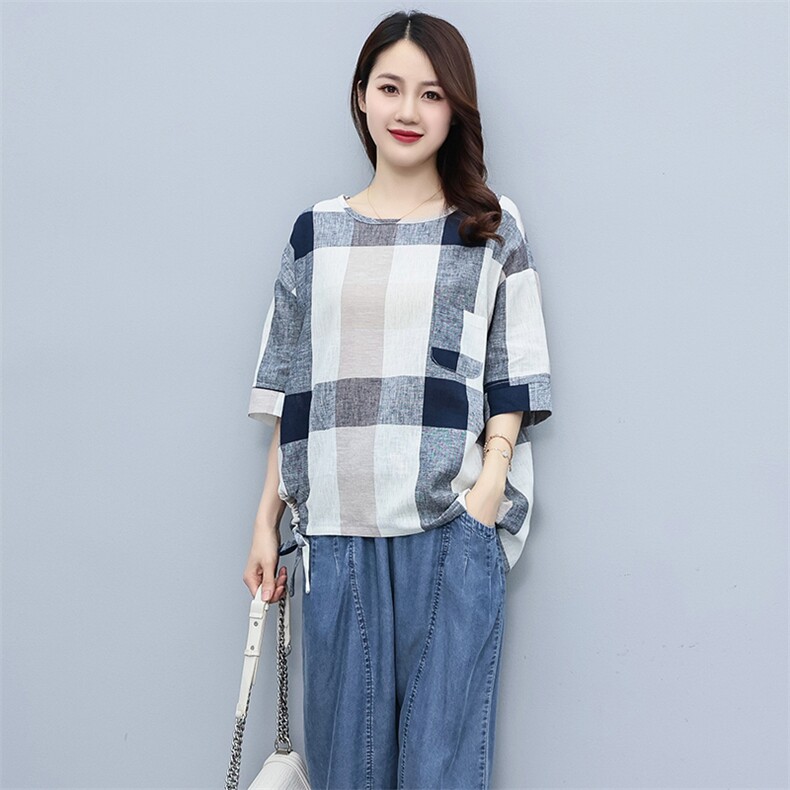 2023夏季棉麻格子简约气质圆领宽松时尚休闲显瘦舒适上衣,女装衬衫,独衣靓