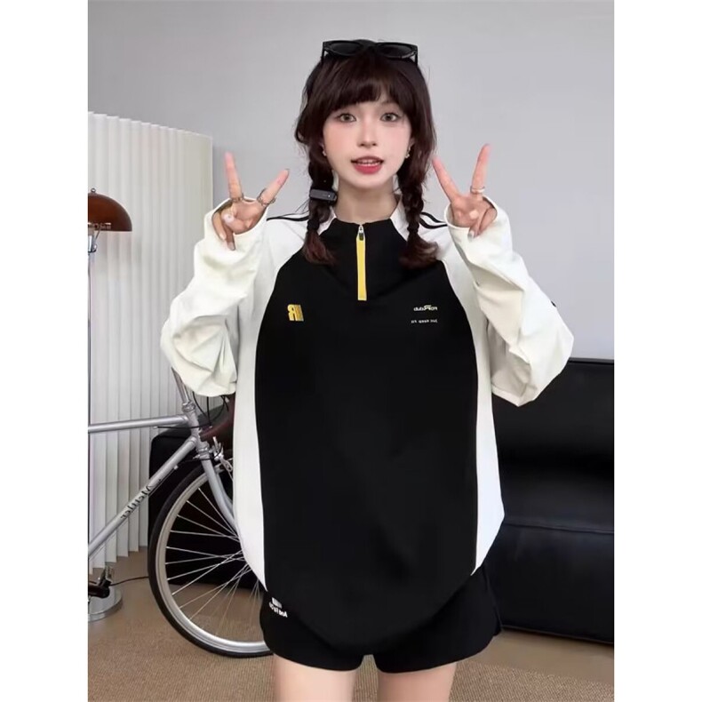 5389-P48美式复古潮牌港风拼色Polo衫刺绣字母宽松半拉链卫衣,女装卫衣/绒衫,星座617A-2