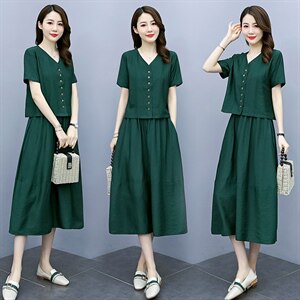 棉麻连衣裙夏季薄款2025新款大码减龄时尚妈妈夏装两件套装半身裙图片