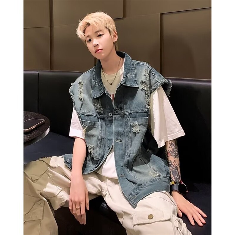 得物品质秋男牛仔夹克背心马甲流苏破洞工装大口袋外套MJ08P55,男装背心/马甲,星座1013-1