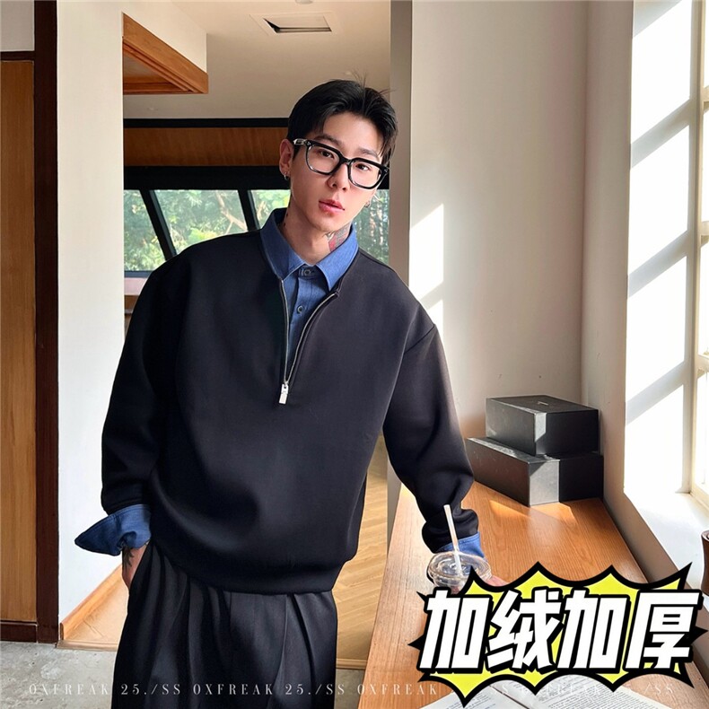 衬衫领假两件加绒卫衣男半拉链外套翻领长袖WY058-P48加绒P52,男装衬衫,星座308B-2