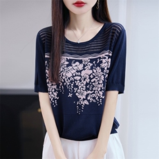 高端莱赛尔针织提花短袖T恤女2025夏季薄透气宽松显瘦上衣小衫t恤，女装T恤，唐诺