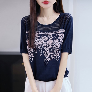 高端莱赛尔针织提花短袖T恤女2025夏季薄透气宽松显瘦上衣小衫t恤图片