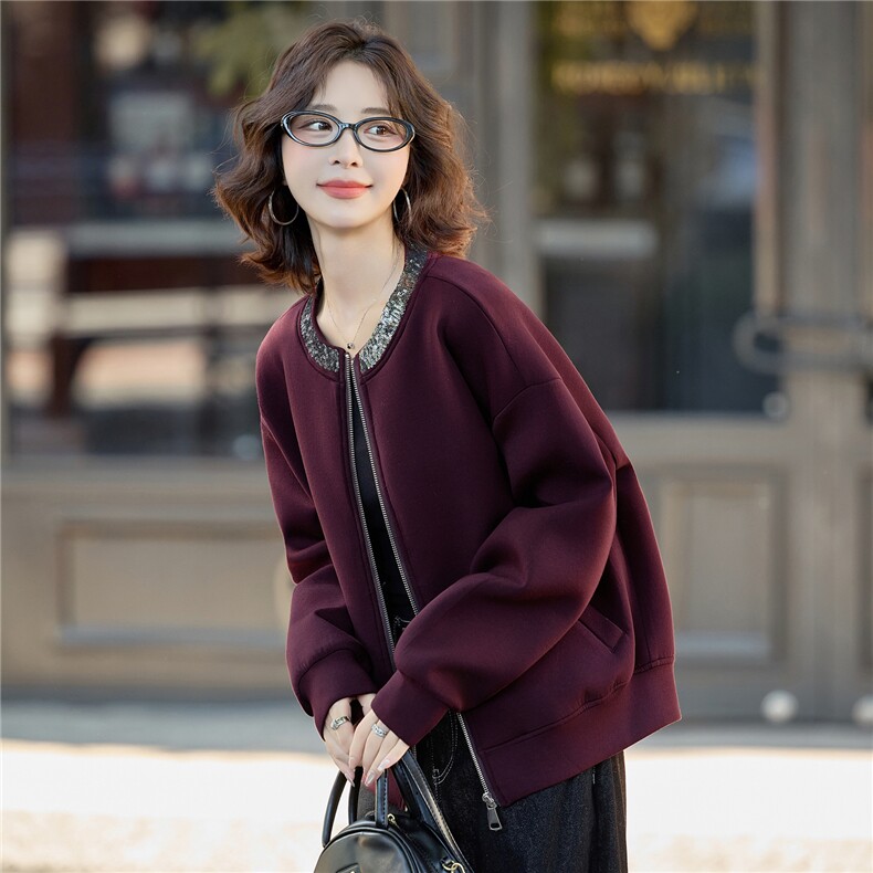 休闲外套女2025年秋季新款时尚气质圆领亮片短款上衣,女装短外套,沁沁公主