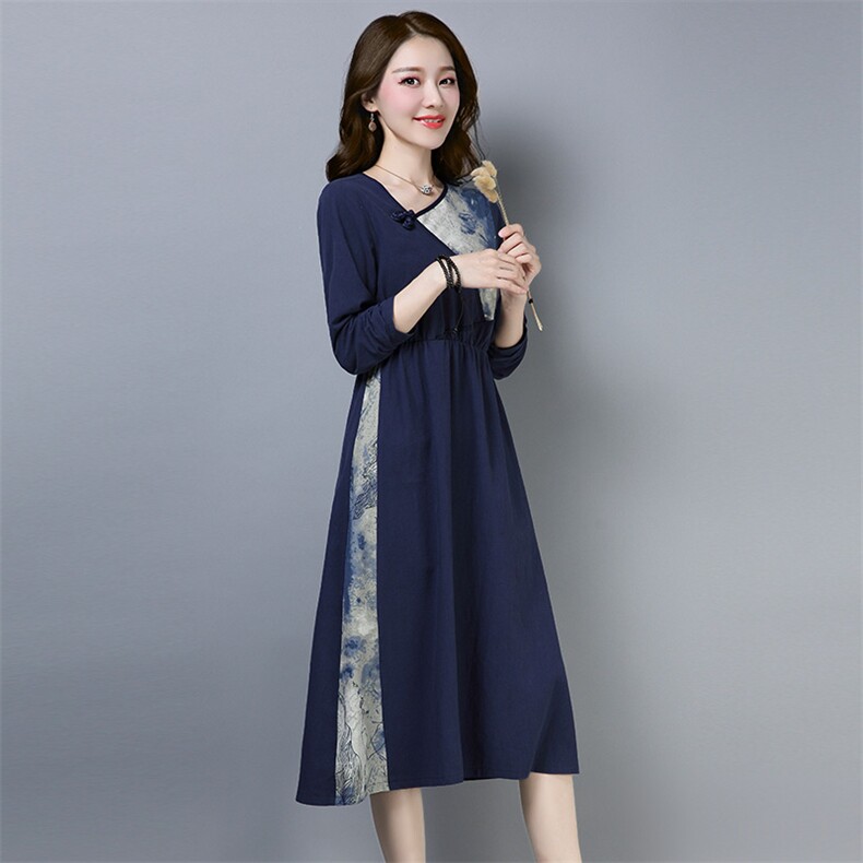 棉麻连衣裙女秋2021年春季长袖大码a字裙纯色宽松休闲中长裙,女装连衣裙,独衣靓