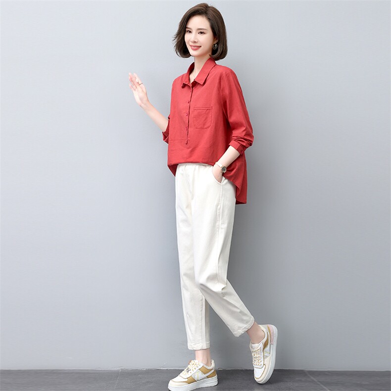 棉麻套装女秋季2023年新款时尚百搭宽松大码衬衫女两件套,女装套装/套裙,涵誉