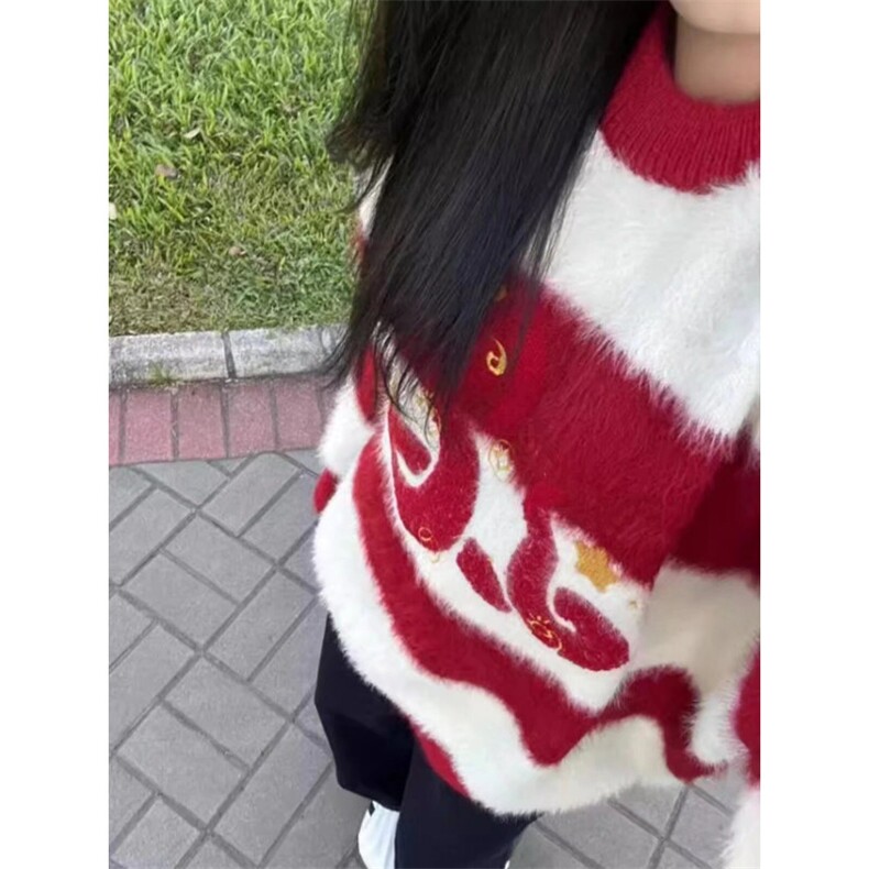 潮牌蛇年本命年衣服条纹毛衣男女冬季新年休闲帅气百搭撞色针织衫,男装针织衫/毛衣,星座1210-1