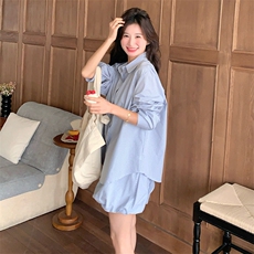 韩系蓝色衬衫花苞半身裙两件套女2025春秋新款小个子减龄休闲套装，女装套装/套裙，2C277