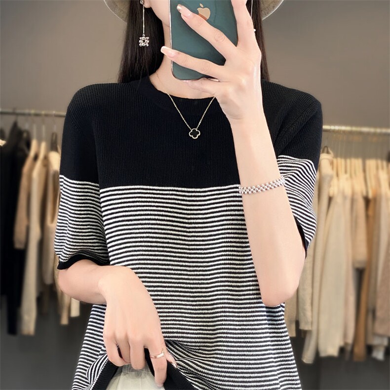 2025新款条纹短袖t恤女夏季薄款冰丝针织衫宽松圆领打底上衣体恤,针织衫/毛衣,萱芳婷羊绒