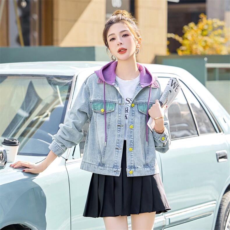 2025年春季新款现货女装韩版休闲可拆针织帽牛仔外套,女装短外套,靓星雨