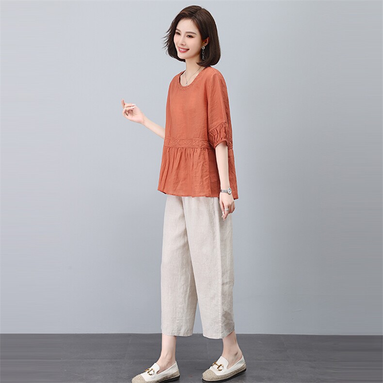 苎麻女2023年夏季新款时尚宽松中年妈妈大码棉麻九分裤,女装衬衫,独衣靓
