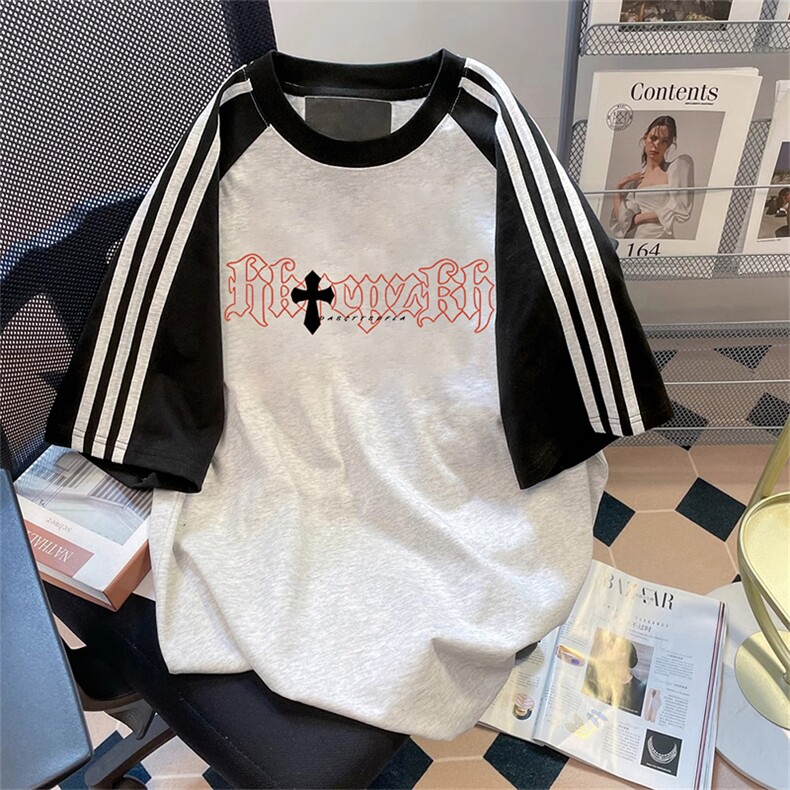 夏季美式高街重磅纯棉三条杠织带插肩撞色男女短袖T恤CZ26-特P25,男装T恤,电商A486