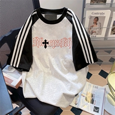 夏季美式高街重磅纯棉三条杠织带插肩撞色男女短袖T恤CZ26-特P25，男装T恤，电商A486