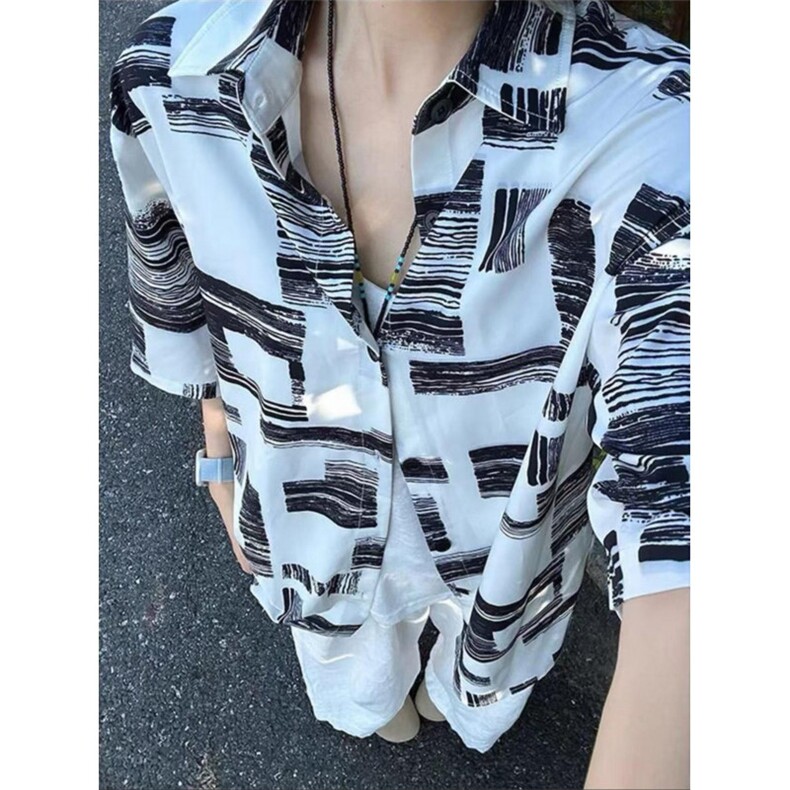 网图！印花男女同款衬衫轻薄透气夏季港风复古-EX50987-特批15，男装衬衫，电商A061