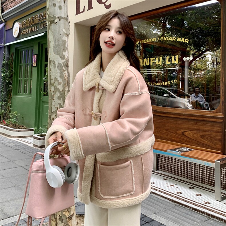 甜美粉色麂皮绒皮毛一体羊羔毛外套女秋冬2025新款时髦温柔风棉服,女装短外套,2B156