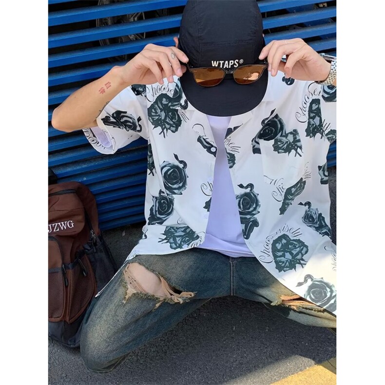 夏季情侣款玫瑰花满印短袖衬衫男美式宽松半袖衬衫S2236P30,男装衬衫,星座1116-2