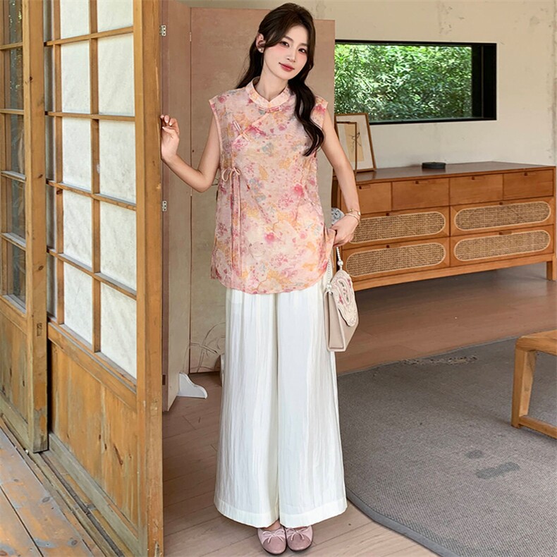 新中式g风套装女2026夏季流行复古印花盘扣旗袍上衣阔腿裤两件套,女装套装/套裙,超帛