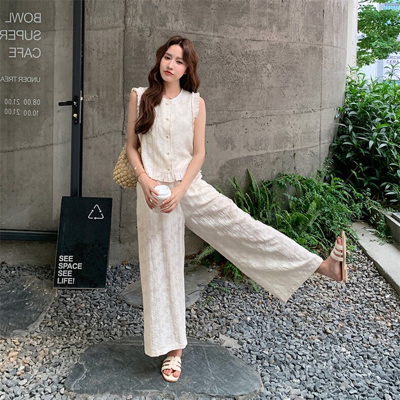 休闲花边无袖套装女2025夏季新款韩版气质减龄高级感阔腿裤两件套图片