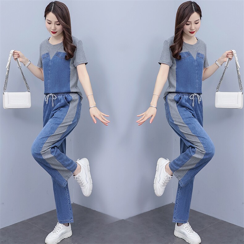 牛仔套装女小个子2024夏季新款网红炸街洋气减龄薄款阔腿裤两件套,女装套装/套裙,靓星雨