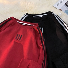 麂皮绒卫衣男春秋季日系复古条纹套头上衣服重磅宽松休闲无帽外套，男装卫衣，星座410-7