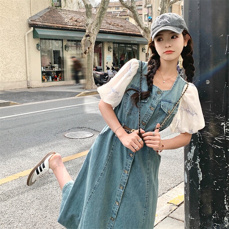 182-8533-P130K198--蕾丝袖牛仔连衣裙，女装连衣裙，帛香坊