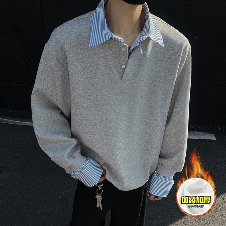 重磅加绒硬挺boxy男女美式高街假两件衬衫领长袖卫衣POLO领打底衫，男装T恤，电商A486-1