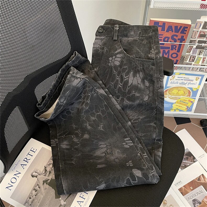 高街潮牌迷彩蛇纹小众牛仔裤男夏季美式潮流百搭宽松时尚痞帅长裤,男装牛仔裤,星座505-2（原电商A260-1)