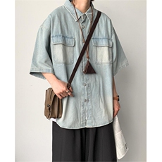 2024夏季新款复古工装扎染衬衣日系水洗牛仔衬衫男现货W8177-P52，男装衬衫，星座512-4