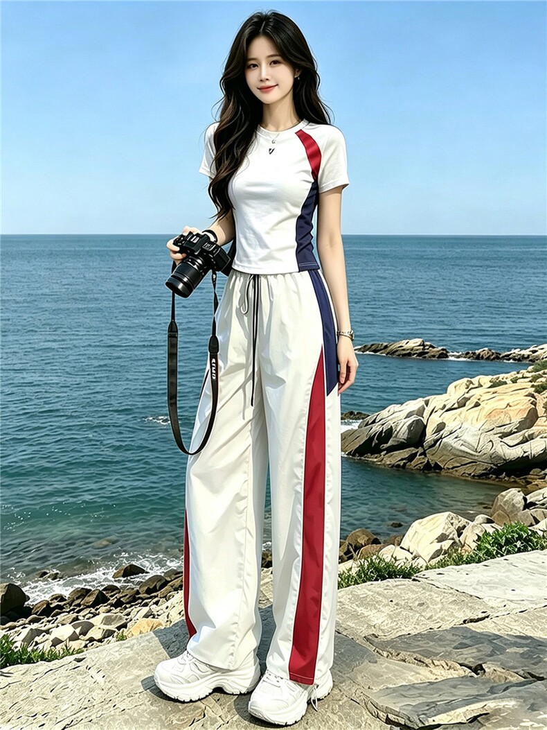 潮流时尚休闲运动套装女夏季新款显瘦竖纹圆领短袖上衣长裤两件套,女装套装/套裙,江南