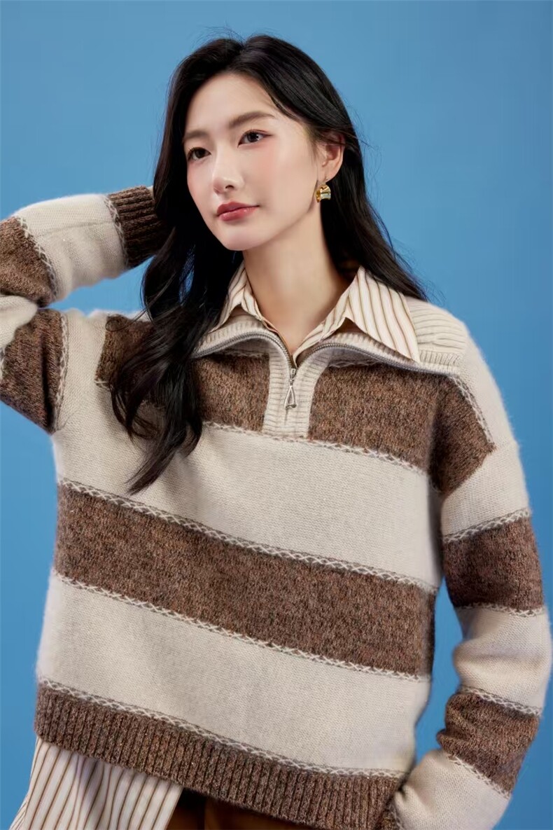 2025舒适百搭简约山羊绒金豆亮片拉链高翻,女装羊绒衫,倾城羊绒