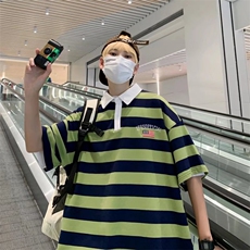 韩版polo衫男条纹帅气2023夏季新款ins宽松百搭日系衬衫W2778-P30，男装Polo衫，星座412-3
