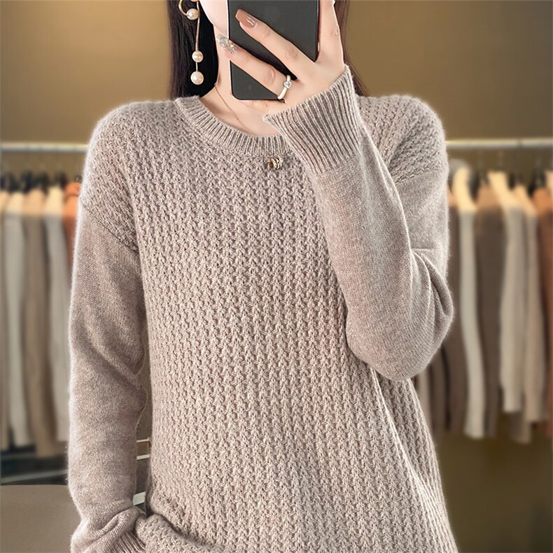 优雅女士秋冬羊毛圆领麦穗花纹毛衣,女装羊毛衫,秋虹羊绒