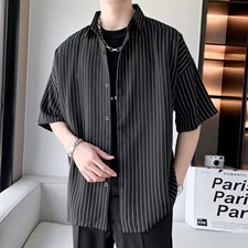 夏季薄款痞帅衬衫男短袖港风日系休闲宽松条纹衬衣男SC27P35图片